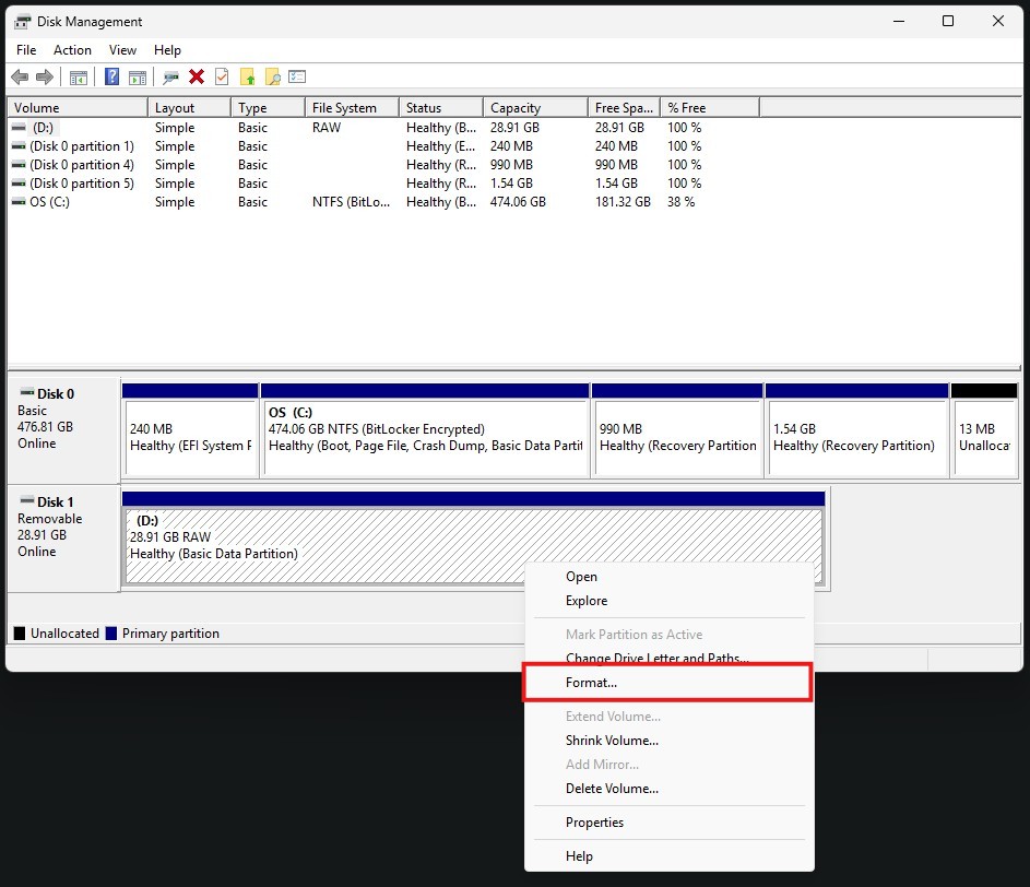 Format volume option