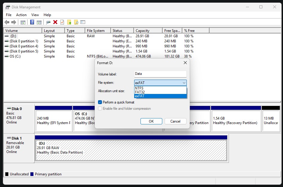 File system options available