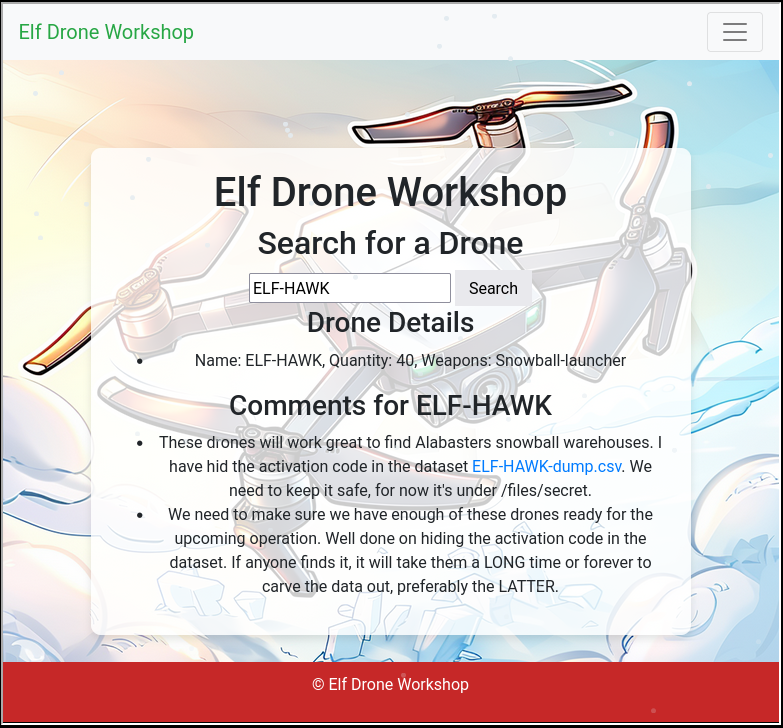 Elf drone workshop page with drone name entered